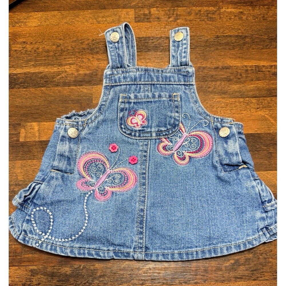 Vintage baby girl denim jumper sz 0/3 months. Embroidered butterflies & ruffles